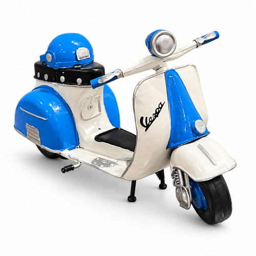 Corso Scooter, a blue and cream miniature scooter with a helmet on the seat, front view