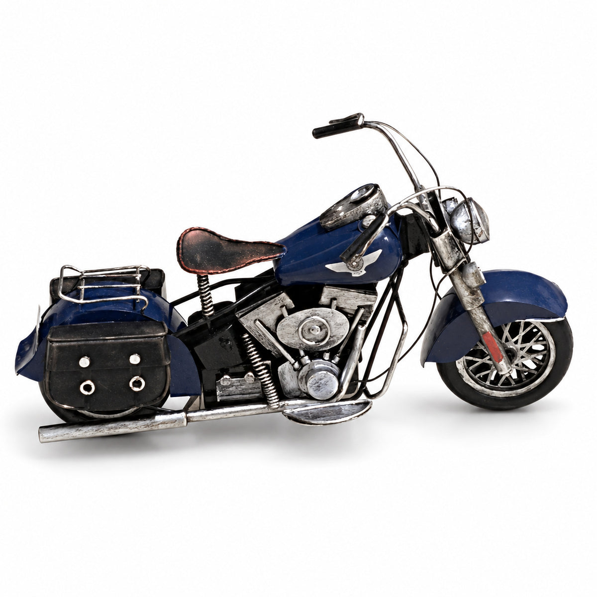 Highway Motorcycle, a deep blue miniature motorcycle with saddlebags, side view