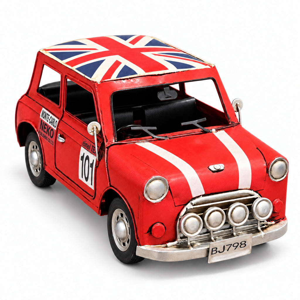 Rally Racer, a red miniature rally car with a Union flag roof, front right view