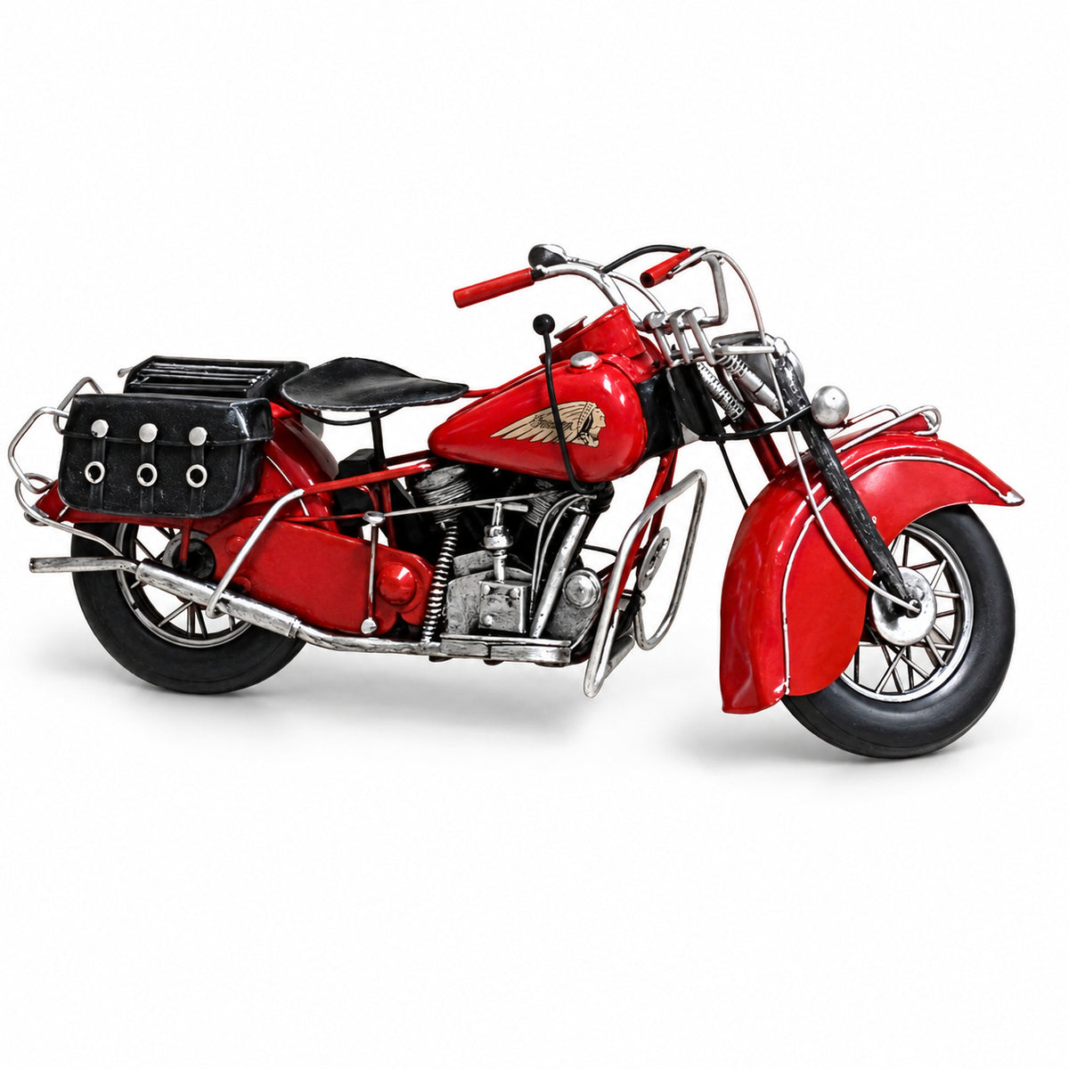 Roadster Motorcycle, a red miniature motorcycle with black saddlebags, side view