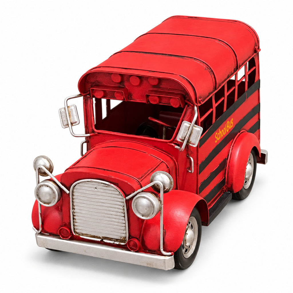 Schoolhouse Bus, a red miniature school bus with black stripes, front view