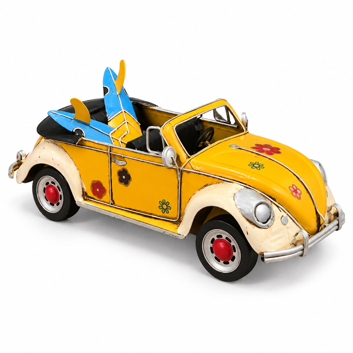 Surfside Convertible, a yellow miniature convertible with flower decals and surfboards, front right view